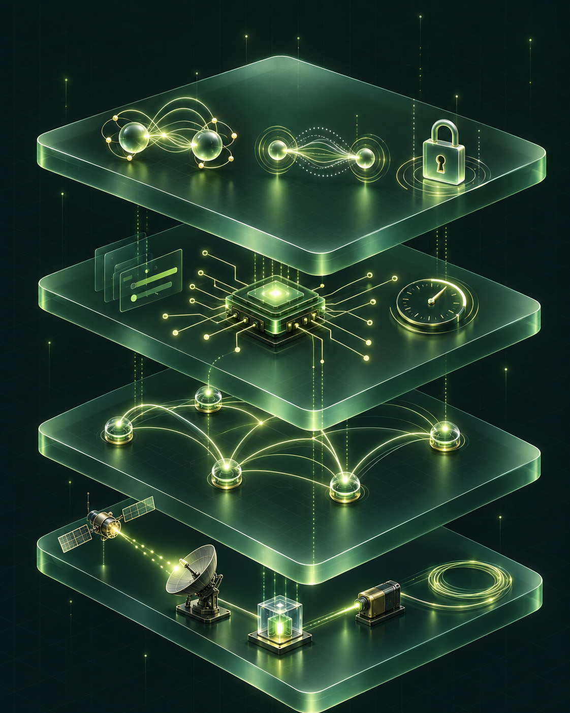 An exploded four-layer QNETSIM stack: applications at the top, followed by control and management, network connections, and physical components including a satellite, ground station and quantum memory.